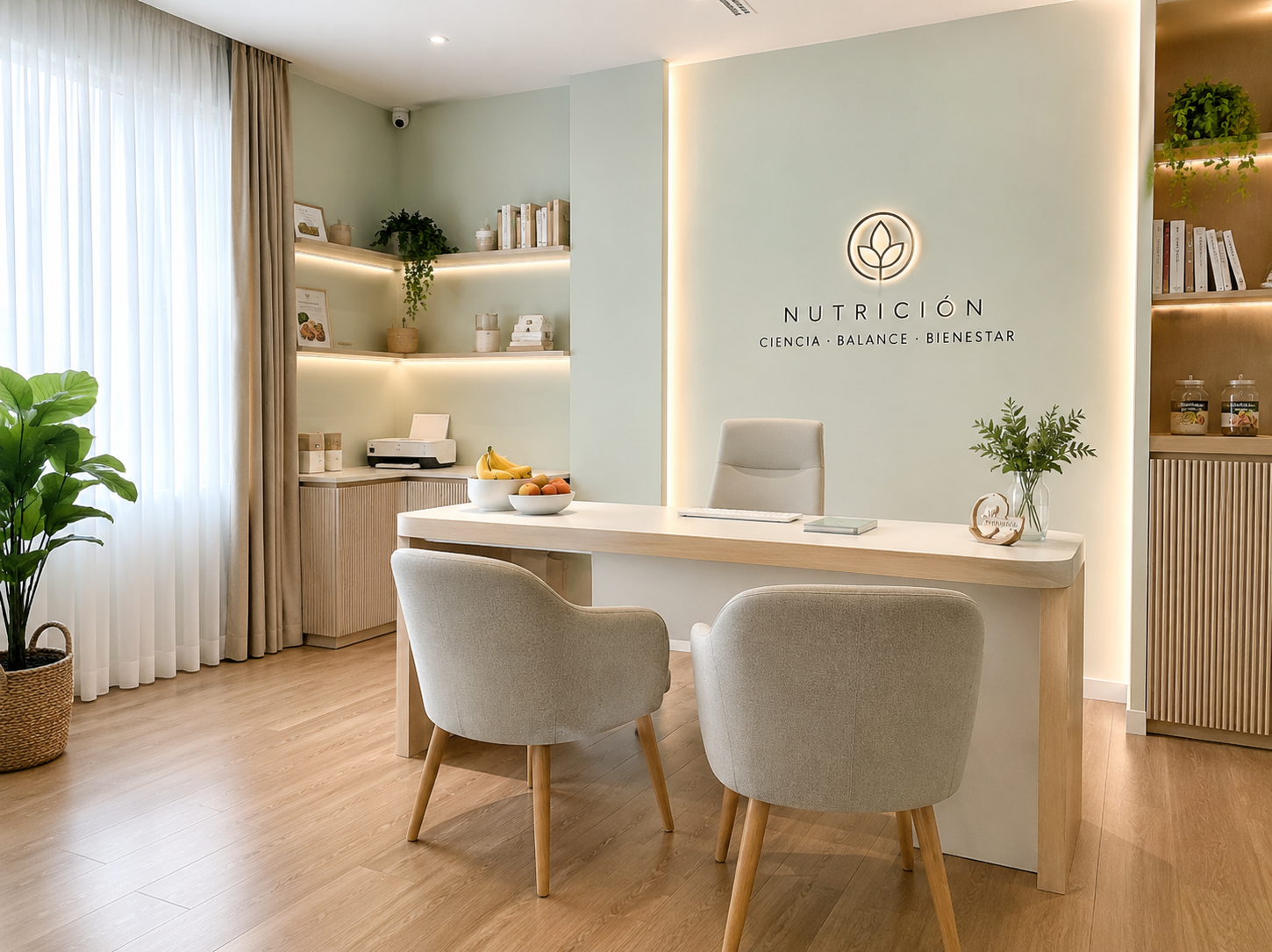 Consultório nutricional moderno e acolhedor com iluminação suave