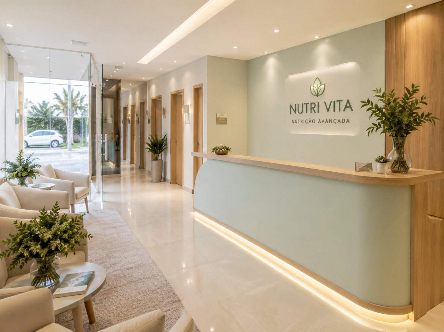 Recepção da Clínica NutriVida com ambiente confortável e humanizado
